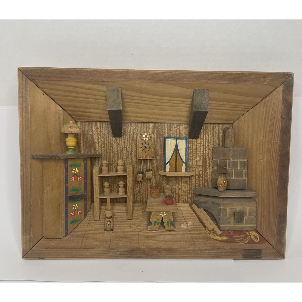 Vtg. East German Folk Art 3D Wooden Shadow Box Diorama Cabin Kitchen Primitive